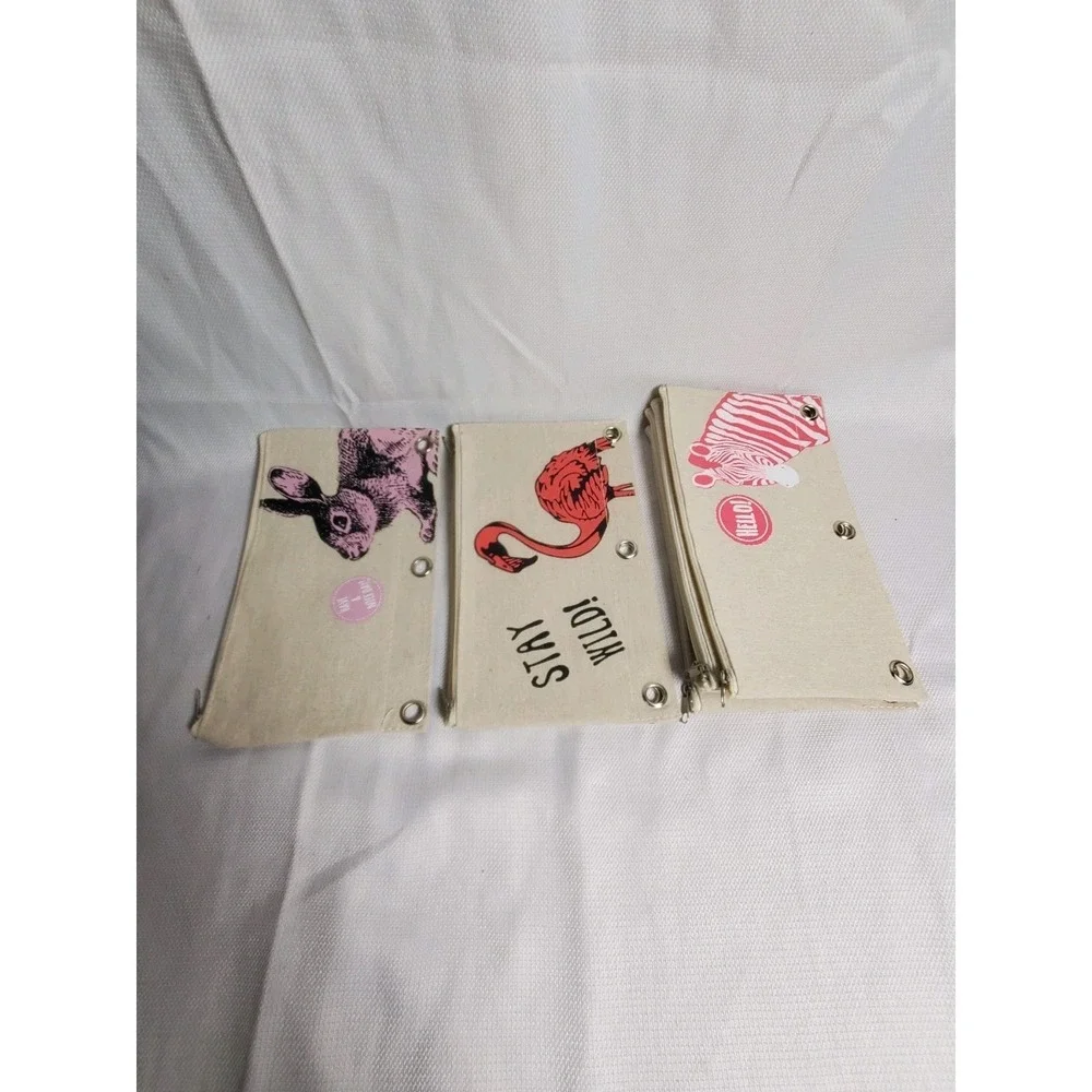 Lot of 7 Canvas 3 Ring Binder Pencil Pouches Zipper Cases Flamingo●Bunny●Zebra